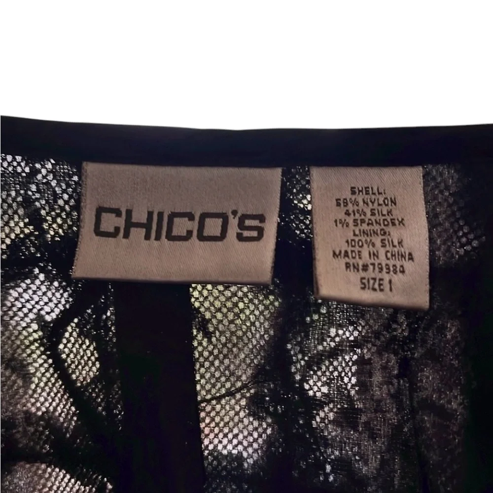 Chico's Vintage Black Silk Blend Ruffle Sequin Open Jacket Size 1 (M)